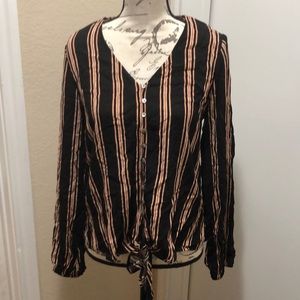 Black with Tan Vertical Stripes Button Down Blouse
